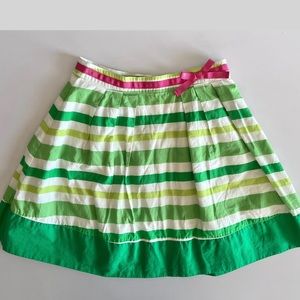 Mini Boden girls skirt 9 10 green white stripe pink ribbon bow preppy cotton